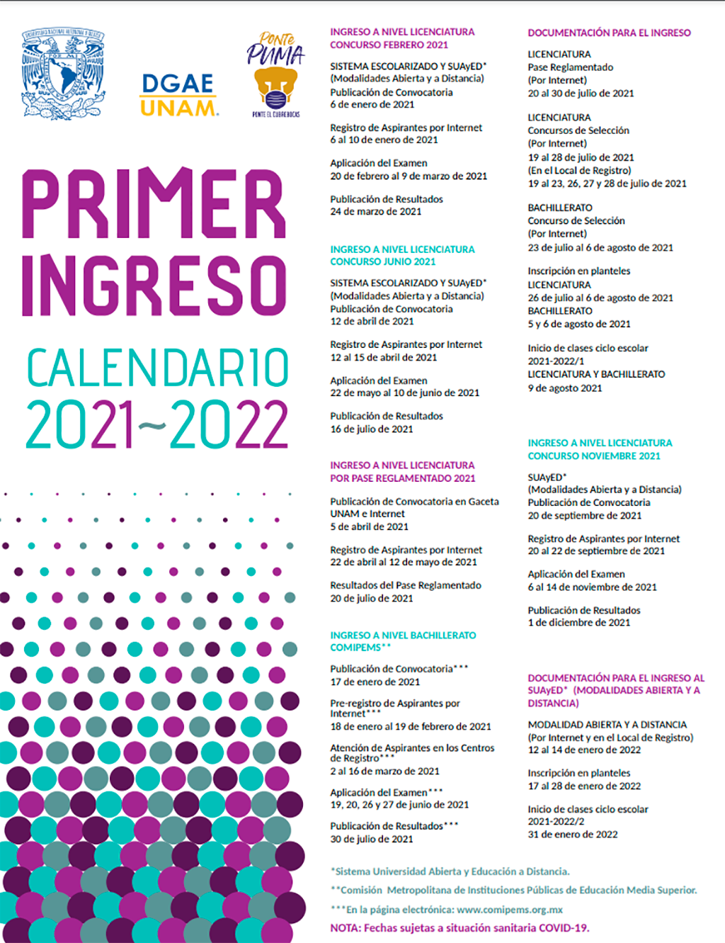 Calendario de Primer Ingreso - UNAM